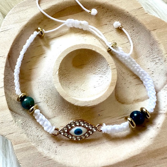 Handmade Evil Eye White Adjustable String Bracelet With Natural Blue Apatite - Picture 2 of 2